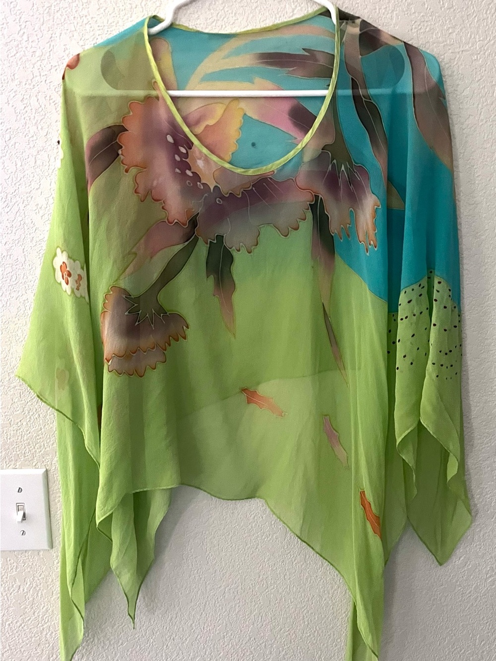 Vintage Handmade Sheer Hand-painted Floral Green & Teal Silk Poncho Top